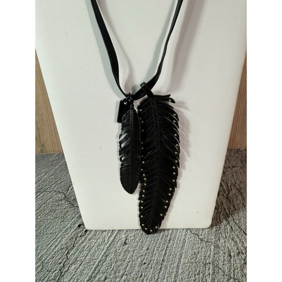 NWT Coach Black Metal and Leather Strap Feather Necklace 28" - Picture 4 of 15